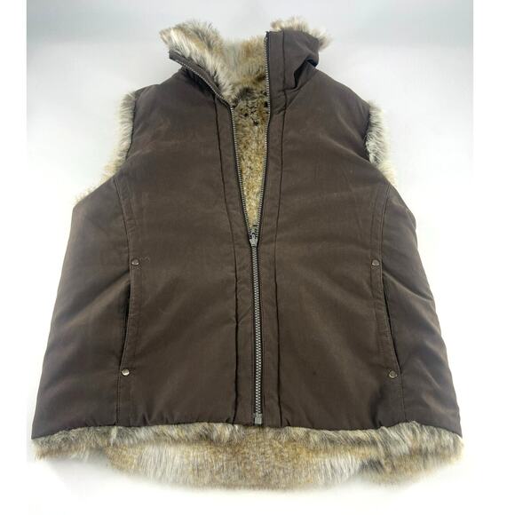 Reversable Vest Jacket Womens Medium Brown Fur Casual Zip Warm Winter Dressy - Picture 1 of 6